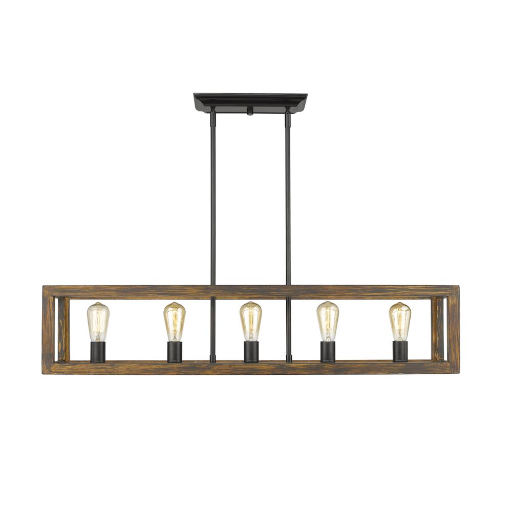 Golden Lighting 0270-LP BLK 5 Light Linear Pendant in Black with Wood Cage